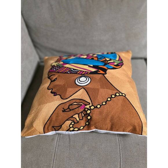 Handmade Embroidered Pillow Cover – African Woman in Colorful Headwrap, Boho Afr - Picture 3 of 7